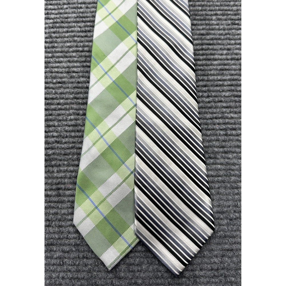 Express Ties Mens Silk Lot of‎ 2 Green Plaid Gray Black Striped Formal Neckties